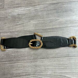 Vintage Paloma Picasso Gold Chain Black Italian Genuine Leather Belt Size 34”
